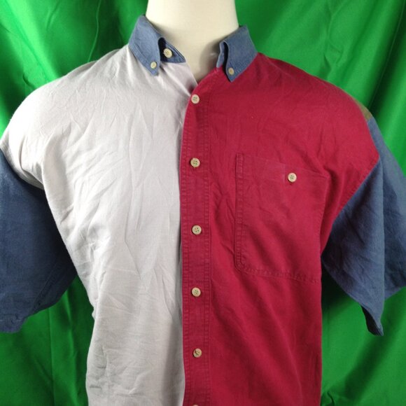 J. Riggings VTG 90s Button Down Shirt Mens Sz XL Short Sleeve Colorblock Ramie - Picture 2 of 6